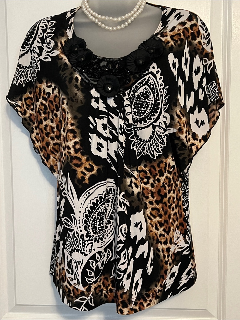 Sioni Black, Brown & White Animal Print Embellished Neck Tunic